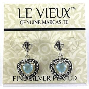 Le Vieux Marcasite Heart Earrings Blue Stone Fine Silver Plated Vintage Style